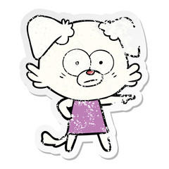 distressed sticker of a nervous cartoon dog in dress pointing