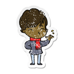 distressed sticker of a cartoon woman thinking