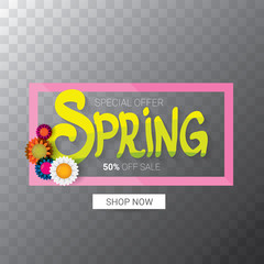 vector spring sale web banner isolated on transparent background. Abstract spring sale pink label or background with beautiful flowers and text