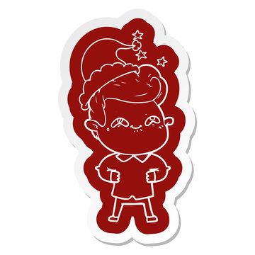 cartoon  sticker of a excited man wearing santa hat