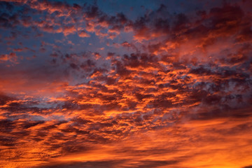 A majestic and awe-inspiration combination of deep blue sky and fiery orange and yellow clouds at sunset.