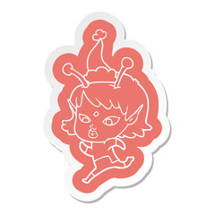 pretty cartoon  sticker of a alien girl running wearing santa hat