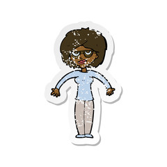 retro distressed sticker of a cartoon woman shrugging shoulders