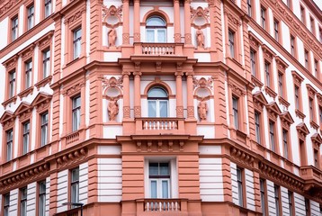 Fototapeta na wymiar Beautiful facade of the old house. Fragment, details. Prague, Czech Republic.