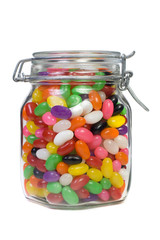 Jar of Colorful Jelly Beans Isolated on White