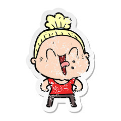 distressed sticker of a cartoon happy old woman