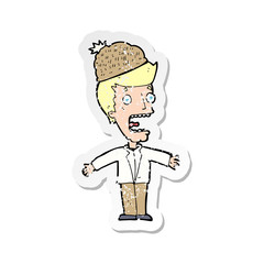 retro distressed sticker of a cartoon man wearing winter hat