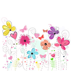 Colorful flower greeting card. Floral greeting card decorative abstract spring flowers