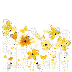 Yellow floral greeting card with decorative abstract spring flowers illustration
