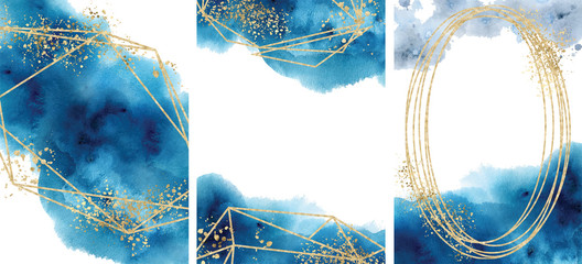 Watercolor abstract aquamarine, background, watercolour blue and gold texture Vector illustration - obrazy, fototapety, plakaty