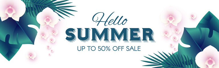 Hello, Summer Tropical Design Template with Palm Leaves and Orchid Flowers.
