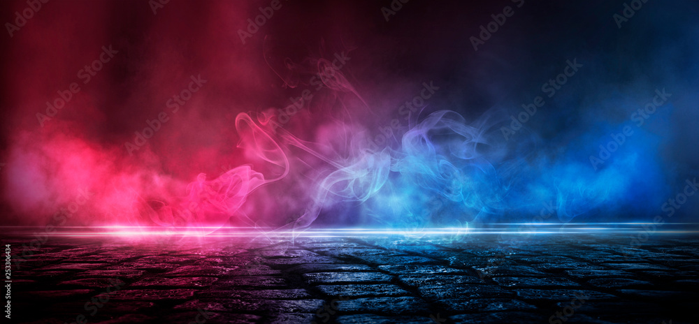 Wall mural wet asphalt, reflection of neon lights, a searchlight, smoke. abstract light in a dark empty street 