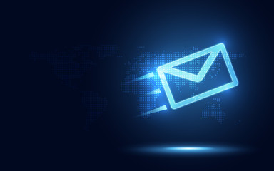 Futuristic blue express envelope and parcel abstract technology background. Business quantum internet network communication and high speed parcel delivery and email text sending message service - obrazy, fototapety, plakaty
