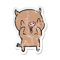 distressed sticker of a happy cartoon pig