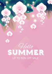 Hello, Summer Tropical Design Template with Palm Leaves and Orchid Flowers.