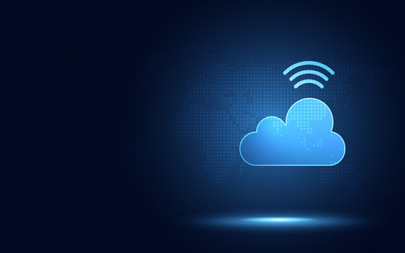 Futuristic blue cloud with wireless signal digital transformation abstract technology background. Artificial intelligence and big data concept. Industry 4.0 and 5g wifi data storage communication