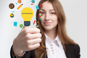 Business, technology, internet and networking concept. Young entrepreneur showing keyword:...
