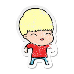 distressed sticker of a happy cartoon boy