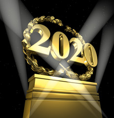 new year 2020, New Year's day, number with laurel wreath in spotlight at pedestal,isolated