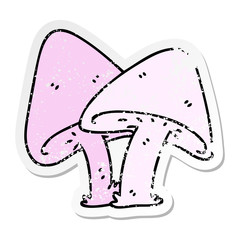 distressed sticker of a quirky hand drawn cartoon mushrooms