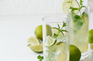 Homemade refreshing drink with  lime juice and mint