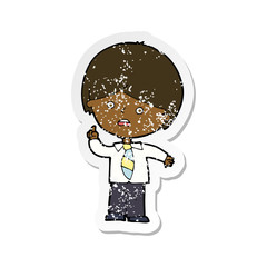 retro distressed sticker of a cartoon worried school boy raising hand