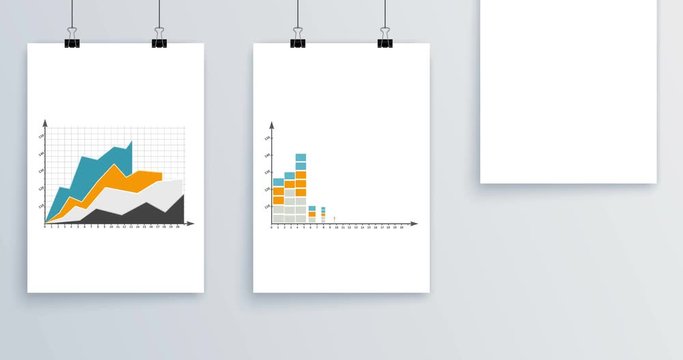 4K video of three white sheets with binders near the gray wall with business graphs. Animation of charts for work