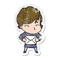 distressed sticker of a cartoon woman thinking