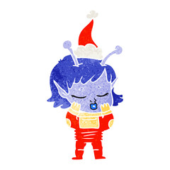 retro cartoon of a alien girl wearing santa hat