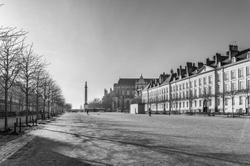 Colonne Louis XVI vue du cours Saint-André de la ville de Nantes. Panorama en noir et blanc.