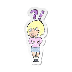 retro distressed sticker of a cartoon confused woman