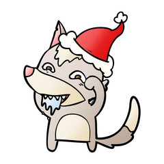 gradient cartoon of a hungry wolf wearing santa hat