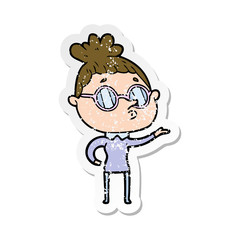 distressed sticker of a cartoon woman wearing glasses