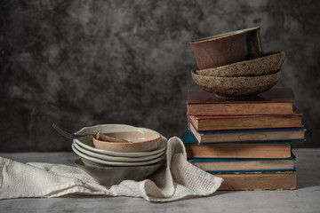Still life with Japanese hand crafted ceramic and books