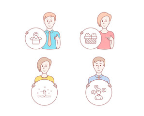 People hand drawn style. Set of Clean skin, Gift and Package location icons. Conversation messages sign. Cosmetics, Present, Delivery tracking. Communication.  Character hold circle button. Vector