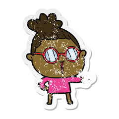 distressed sticker of a cartoon woman wearing spectacles