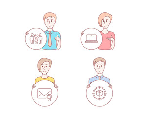 People hand drawn style. Set of Partnership, Notebook and Verified mail icons. Parcel tracking sign. Business startup, Laptop computer, Confirmed e-mail. Box in target.  Character hold circle button