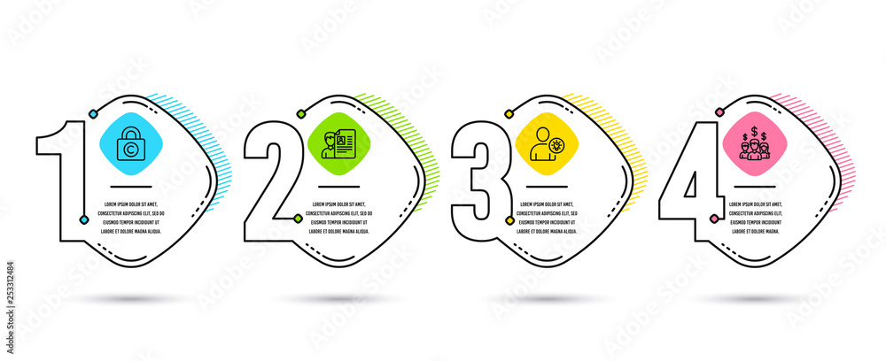 Poster infographic template 4 options or steps. set of job interview, copyright locker and user idea icons.