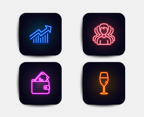 Neon glow lights. Set of Group, Wallet and Demand curve icons. Wineglass sign. Headhunting service, Usd cash, Statistical report. Burgundy glass.  Neon icons. Glowing light banners. Vector