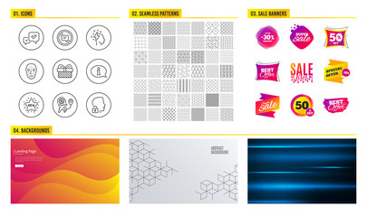 Seamless pattern. Shopping mall banners. Set of Flight sale, Face biometrics and Approve icons. New star, Information and Brainstorming signs. Gift, Stop talking and Unlock system symbols. Vector