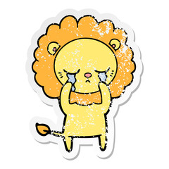 distressed sticker of a crying cartoon lion