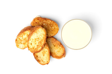 French toasts with condensed milk isolated on white background. 