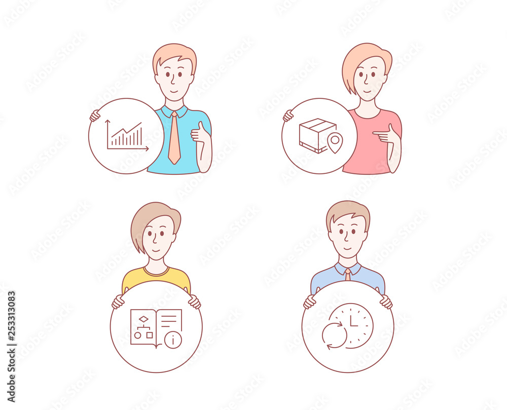 Poster people hand drawn style. set of graph, technical algorithm and parcel tracking icons. update time si