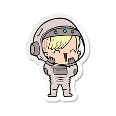 sticker of a cartoon laughing astronaut girl