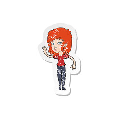 retro distressed sticker of a cartoon pretty woman waving
