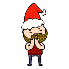 comic book style illustration of a happy bearded man wearing santa hat