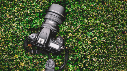     Travel photographer equipment with beautiful landscape