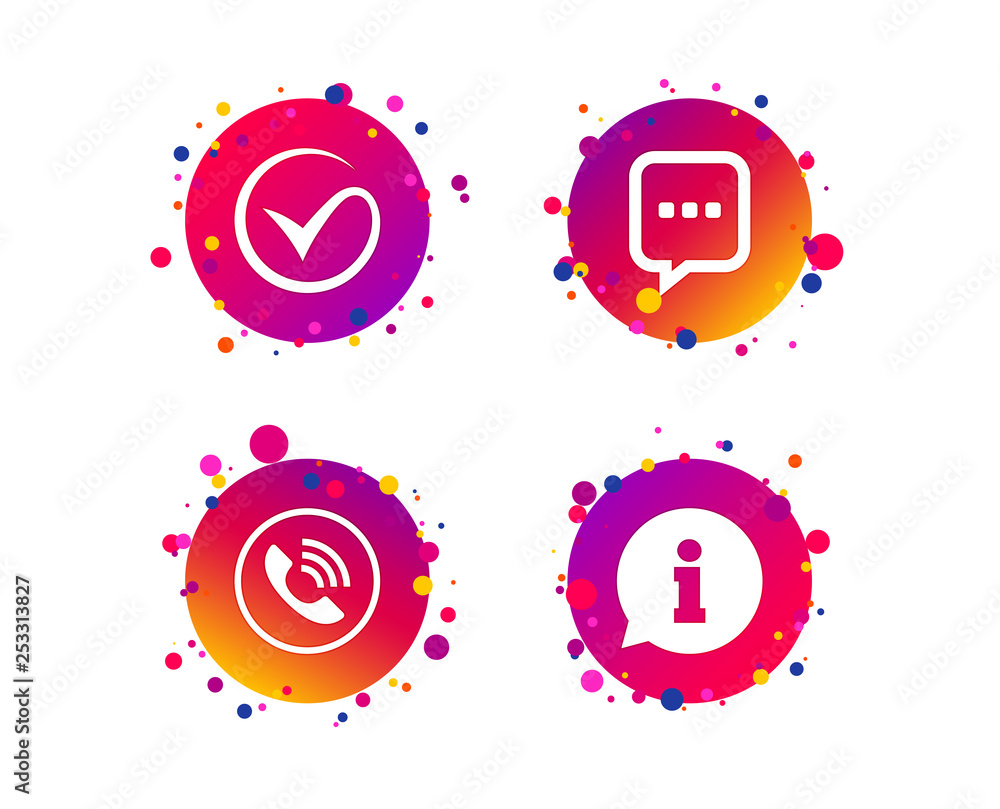 Poster check or tick icon. phone call and information signs. support communication chat bubble symbol. grad