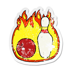 retro distressed sticker of a ten pin bowling cartoon symbol with fire
