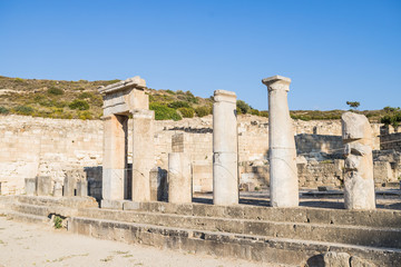 Columns of doric temple in city of Kamiros.Hellenistic houses in ancient city of Kamiros ,island of Rhodes, Greece vacation.The ancient city of Kamiros located in the northwest of the island of Rhodes